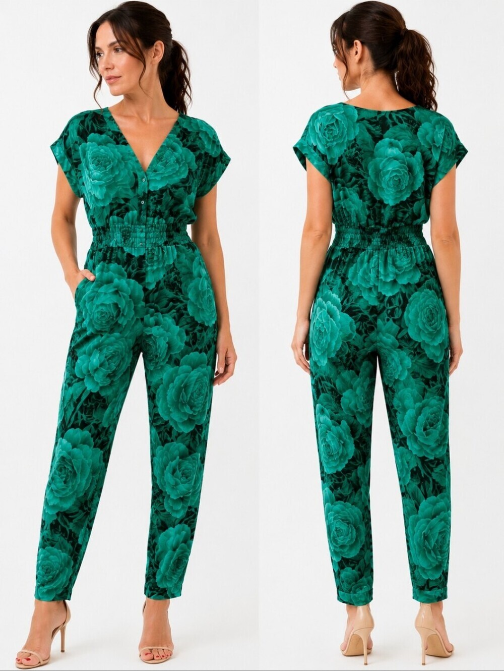 Zara Emerald Green Floral Button Front Jumpsuit Smocked Waist Size S